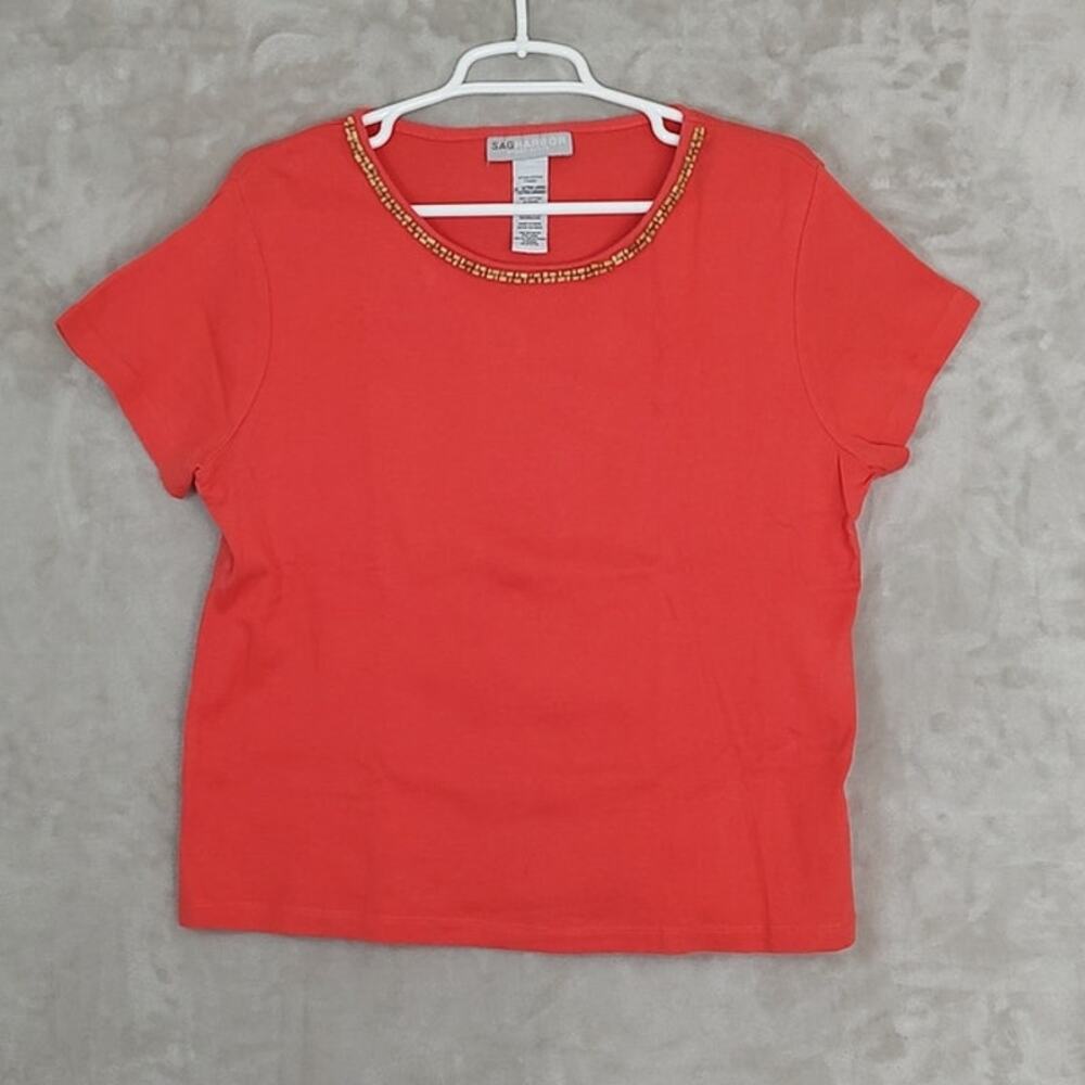 Sag Harbor Sport Petite Top Size P/XL Coral Orange Cotton Embellished Beaded Tee